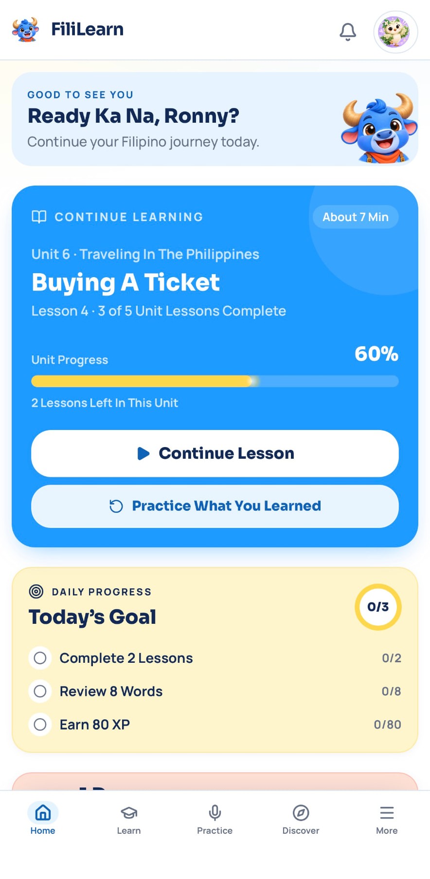 FiliLearn Home screen showing the continue-learning card and today's goal