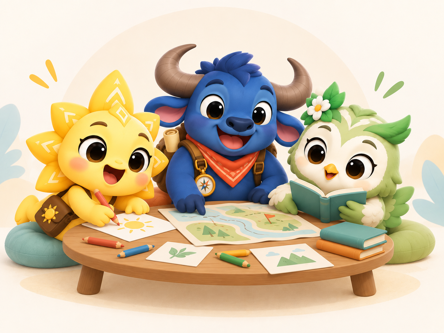 Luz, Victor, and Minda — the FiliLearn guides learning together around a map