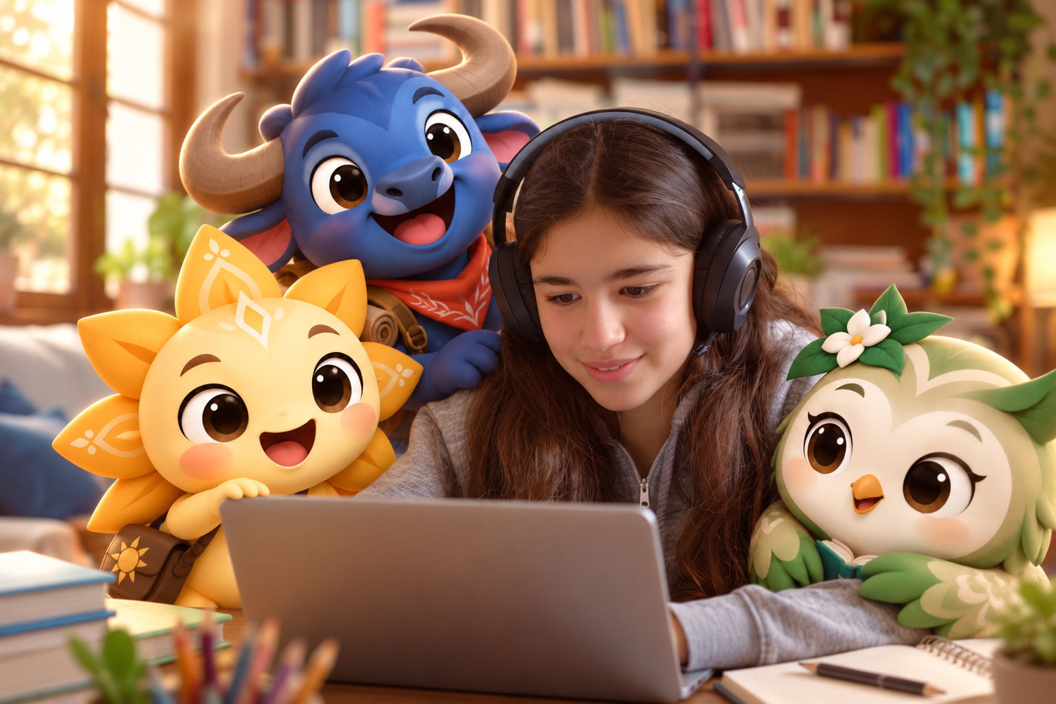 A learner practicing Filipino with headphones while Luz, Vic and Minda read alongside her