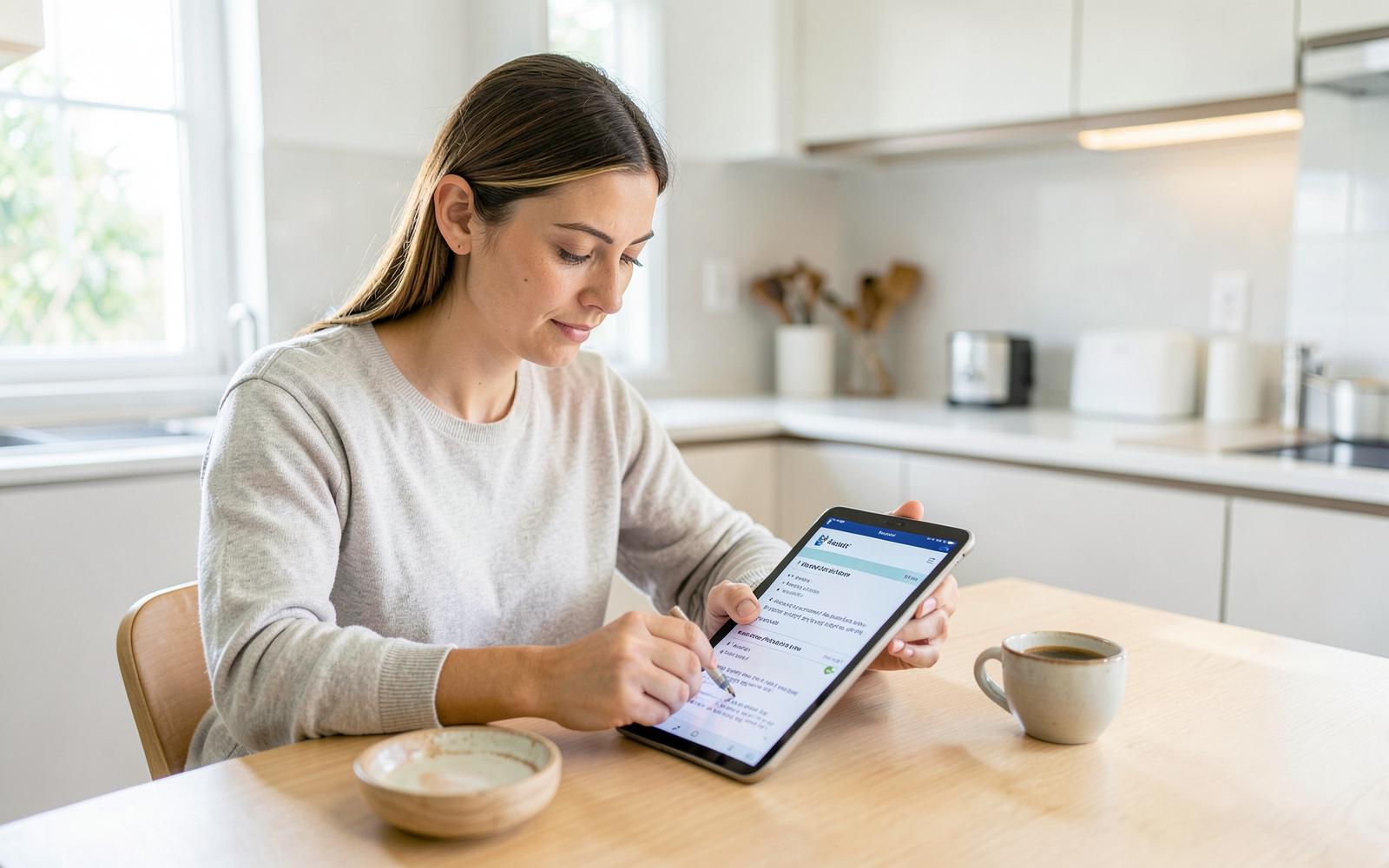 Learner working through a Tagalog lesson on a tablet at a kitchen table